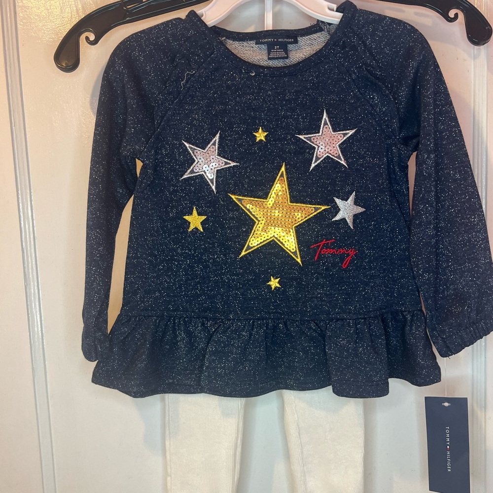 Tommy Hilfiger Glittery Navy Star Kids Top and white pants 2 piece set